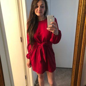 Red Tie-Front Lantern Sleeve Dress Large